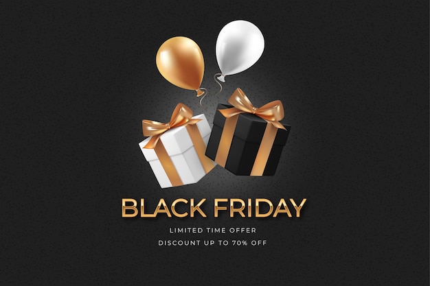 Black friday-verkoop websjabloon voor spandoek met zwart-witte ballonnen en geschenkdozen