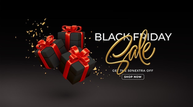 Black Friday-verkoopachtergrond met realistische 3d zwarte giftdozen met rode bogen. Verkoop van gouden letters. Vectorillustratie EPS10