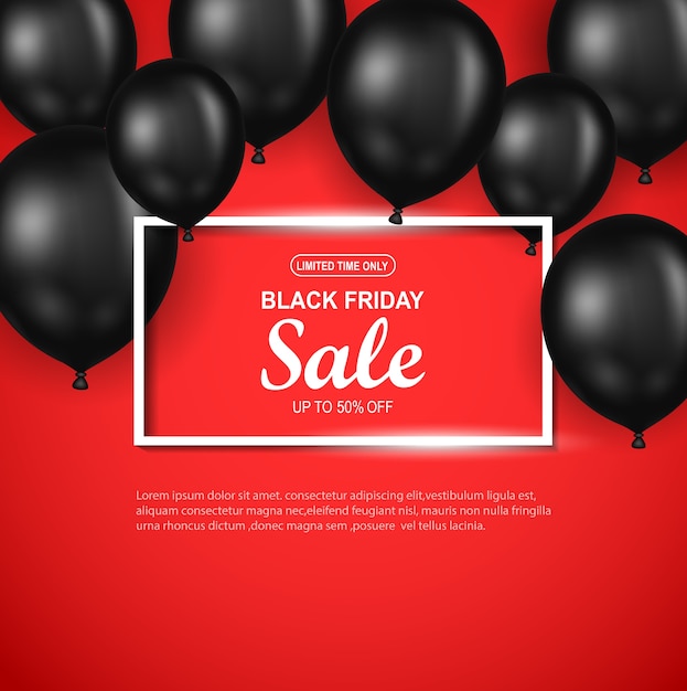 Black friday-verkoopaffiche met zwarte ballon op rode achtergrond.