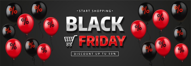 Vector black friday-verkoopbanner, etiket. realistische letters met glanzende ballonnen.