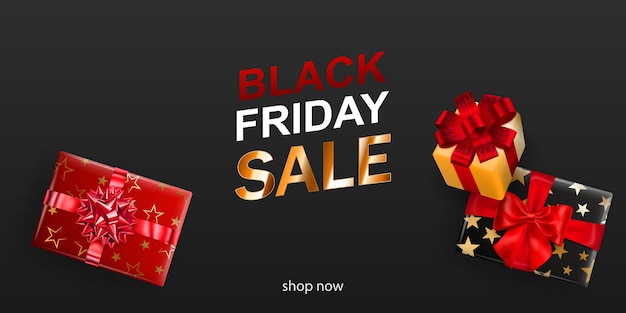 Black Friday-verkoopbanner. Geschenkdoos met strik en linten op donkere achtergrond. Vectorillustratie voor posters, flyers of kaarten.