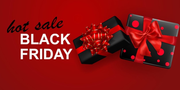 Black friday-verkoopbanner. geschenkdoos met strik en linten op rode achtergrond. vectorillustratie voor posters, flyers of kaarten.