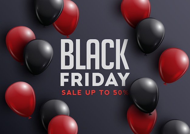 Black Friday-verkoopbanner met glanzende ballons op zwarte achtergrond met frame