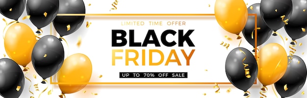 Black Friday-verkoopbanner met glanzende gouden en zwarte ballons, confetti en frame.