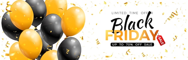 Black Friday-verkoopbanner met glanzende gouden en zwarte ballons, confetti en frame.