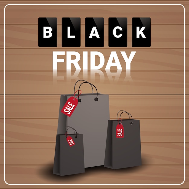 Black friday-verkoopbanner met het winkelen zakken op houten geweven