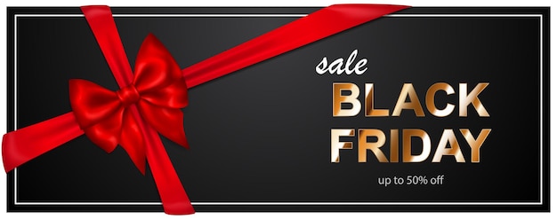 Black Friday-verkoopbanner met rode boog en linten op donkere achtergrond. Vectorillustratie voor posters, flyers of kaarten.