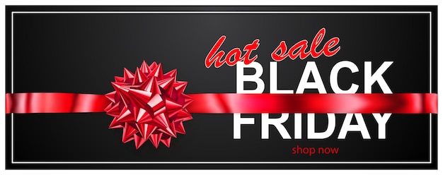 Black friday-verkoopbanner met rode strik en linten op donkere achtergrond vectorillustratie voor posters, flyers of kaarten