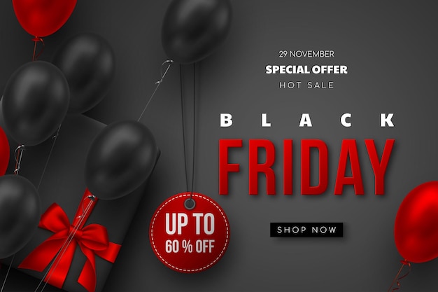 Black friday-verkoopbanner. rode en zwarte realistische glanzende ballonnen, geschenkdoos, kortingslabel en rode 3d-tekst. zwarte achtergrond. vector illustratie.