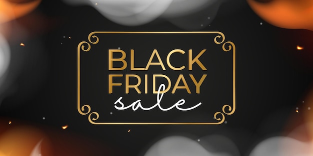 Black Friday-verkoopbanner. Zwart en goud, belettering. Realistisch frame gemaakt van vuur en rook. Vector illustratie.