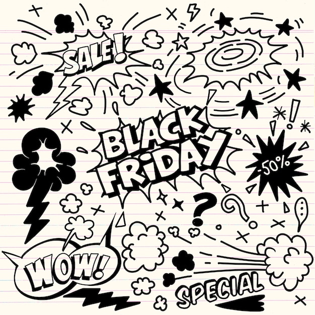 Black friday-verkoophand getrokken, conceptillustratie, doodleselementen.