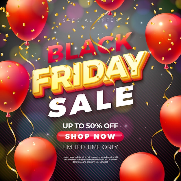 Black friday-verkoopillustratie met 3d-letters en feestballon op donkere achtergrond