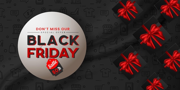 Vector black friday-verkoopposter met rode geschenkverpakking voor detailhandel, winkelen of zwarte vrijdag-promotie