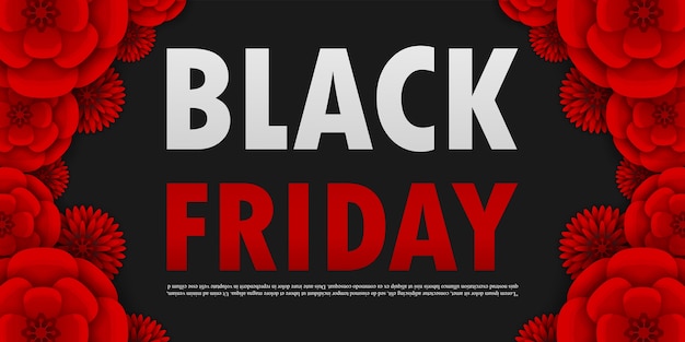 Black Friday-verkooppromotie Poster of het spandoek rode papieren bloemen, Big Sale Event Promo en shopping sjabloon geïsoleerd op zwarte achtergrond papier knippen stijl