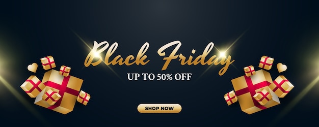 Black Friday-verkoopsjabloon voor spandoek met gouden geschenkdoos op donkere achtergrond