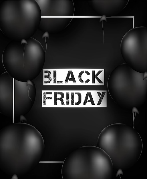 Black friday vertical background. black balloons, frame, confetti, decorations. .