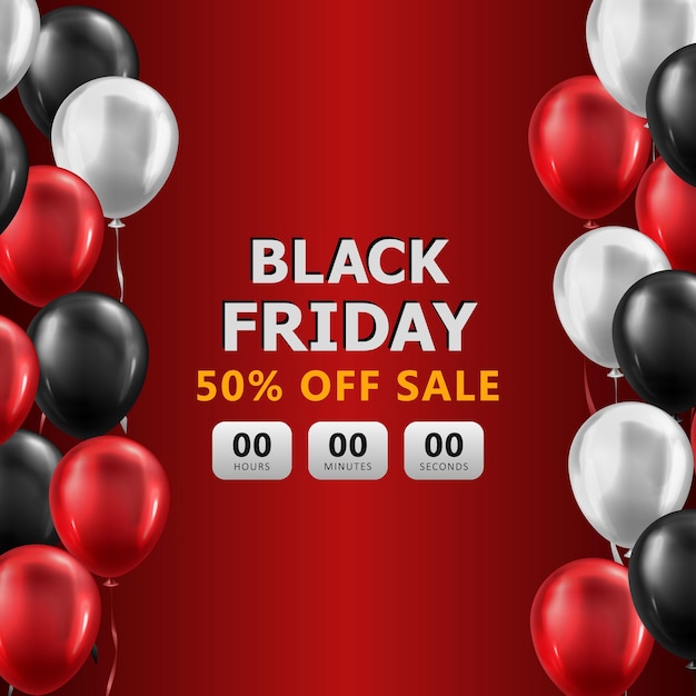 Black Friday vierkante rode banner met aftellen van de verkoop en 3D-ballonnen Promo-poster met kortingstimer