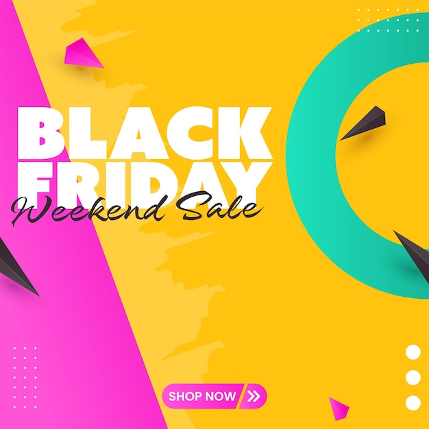 Black friday weekend sale poster design with 3d geometric elements on magenta and chrome yellow background