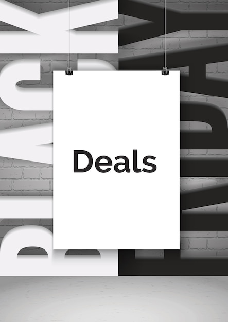Black Friday-winkelaanbiedingen realistische vector-sjabloon voor spandoek. Witboekblad dat op snaren 3d mock-up hangt. Verkoop advertentie poster lay-out met zwart-wit typografie