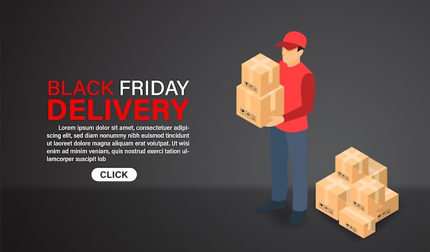 Vector black friday-winkelen online express met bezorgers. isometrisch plat ontwerp.