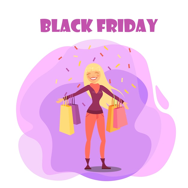 Black friday with happy female shopper illustration