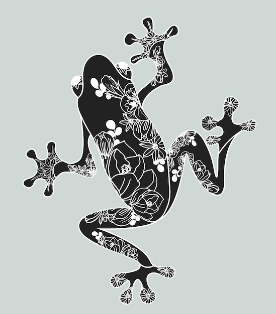 Black frog with a pattern of white flowers. Design element for cards, t-shirts, covers or stickers.