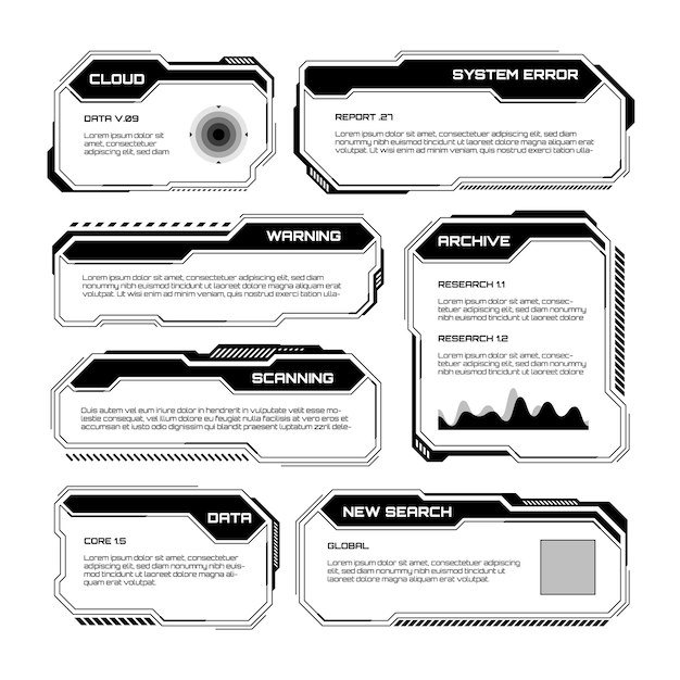 Black futuristic hud ui elements scifi user interface text boxes callouts warning message frames