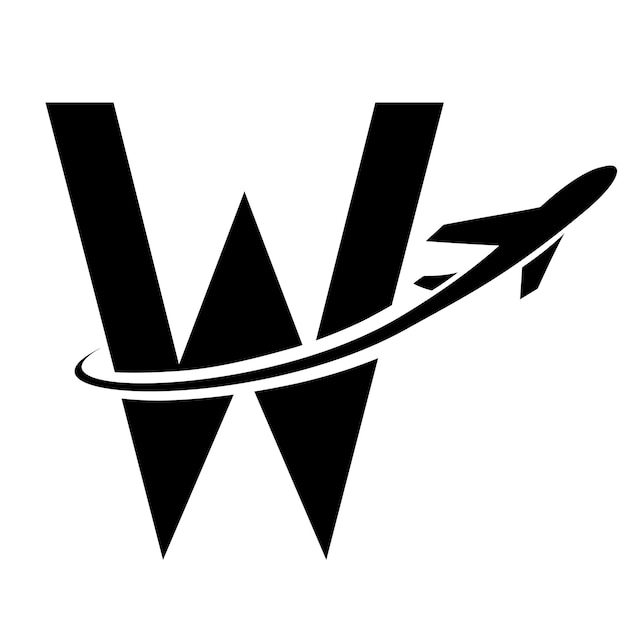 Вектор Черная футуристическая икона буквы w с самолетом на белом фоне