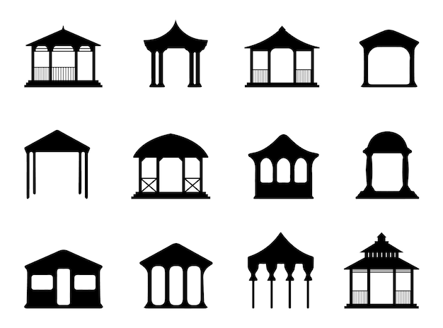 Black gazebo silhouette collection on a white background Gazebo of pergola icons Gazebo park Wooden alcove patio