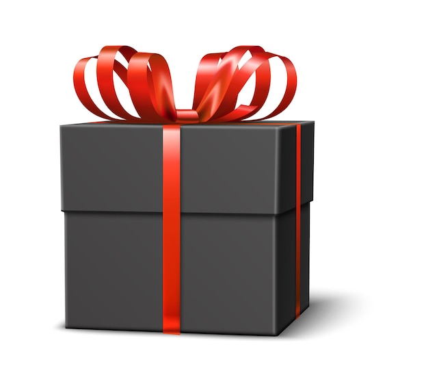 黒のギフトボックス。リアルなお祝いのプレゼントラップモックアップ、結ばれた弓のサイドアングルビューの赤いサテンリボン、エレガントなダークパッケージ、ブラックフライデーの誕生日またはクリスマスのパッケージ。ベクトルオブジェクト