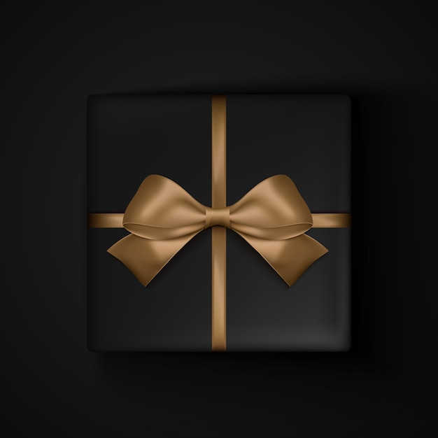 블랙 프라이데이 세일을위한 골드 리본 활이 달린 블랙 선물 상자