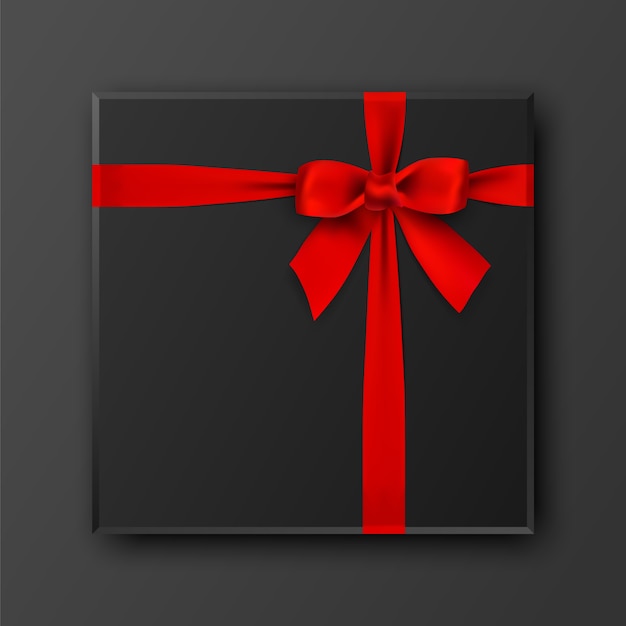 Black gift box with red bow and ribbon