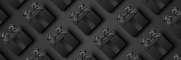 Vector black gift boxes lying down in a row on a gradient background holiday shopping vector banner design