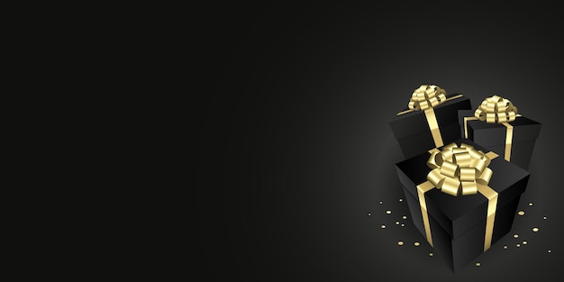 black gift boxes with a gold bow design banner christmas and birthday present background