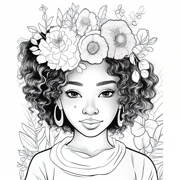 Vector black girl coloring book for kids minimalist bohemian style