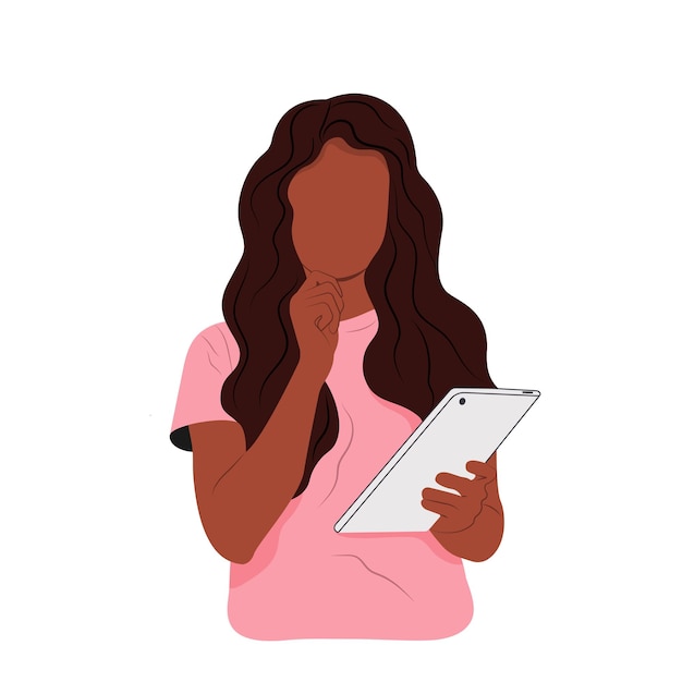 Vector a black girl holds a tablet in her hands and looks at the sequence of her affairs and tasks man makes todo list agenda strategic steps concept of schedule