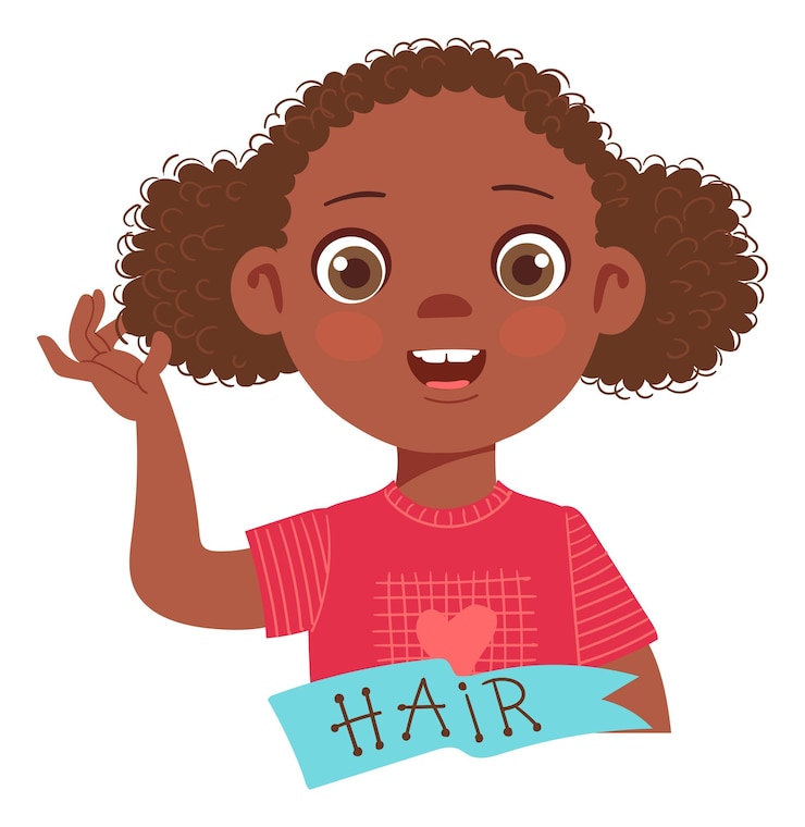 Vector black girl pointing hair kid body part isolated on white background