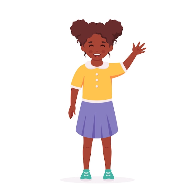 Черная девушка улыбается и машет рукой Ученик начальной школы