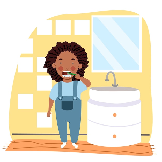 A black girl with dreadlocks in pajamas is brushing her teeth in the bathroom.