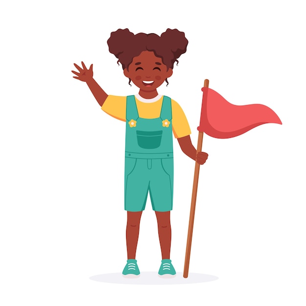 Vector black girl with flag girl scout camping summer kids camp concept vector illustration