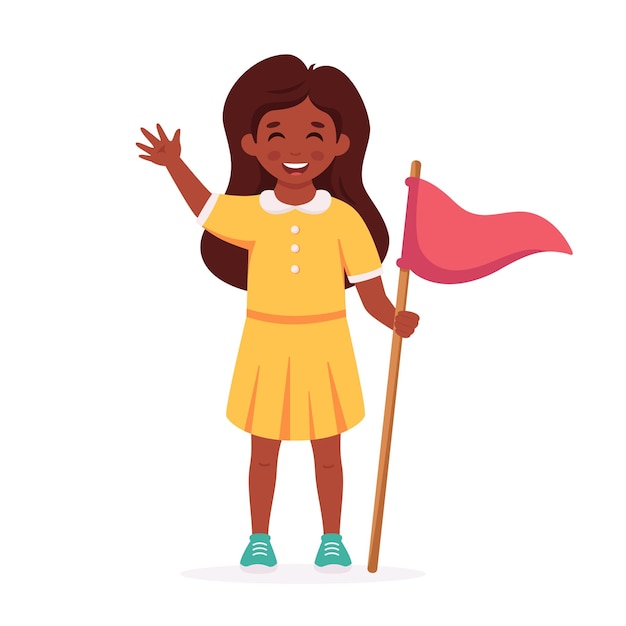 Black girl with flag girl scout camping summer kids camp concept vector illustration