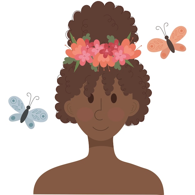黒人の女の子、花の花輪と蝶の女性。春娘。あなたの体のコンセプトが大好きです。