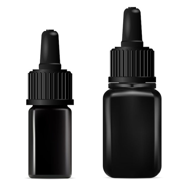 Black glass dropper bottle . cosmetic serum vial with drop cap.