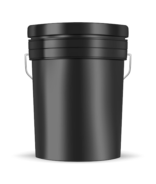 Black glossy metal or plastic bucket with realistic vector illustration Pail container