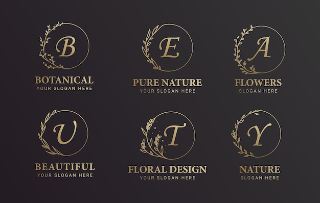 black and gold alphabet botanical and flower logo design set