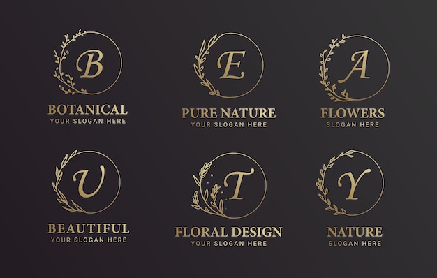 Insieme di disegno di logo botanico e fiore alfabeto nero e oro