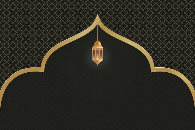 A black and gold background with a arabic pattern and a lantern.