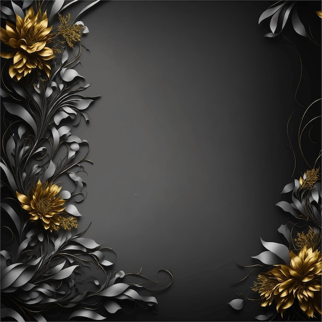 Vector a black and gold background with gold flowers and leaves.