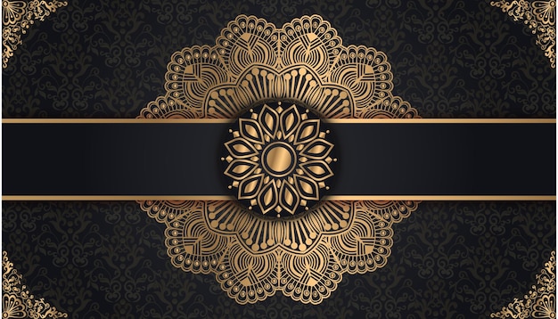 Black and gold background with a gold ribbon and a bow Decorative ornamental mandala