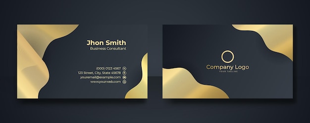 Black and gold business card design template vector. double-sided creative business card template. layout landscape orientation. modern business card template gold black colors